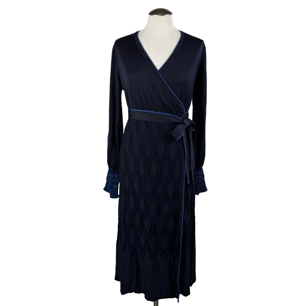 Diane Von Furstenberg Women's Yolanda Wrap Dress S Navy Knit‎ Long Sleeve Midi